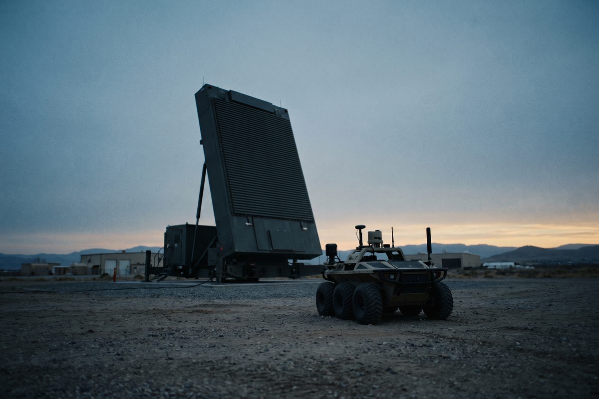 Radar array and an autonomous ground vehicle at dusk